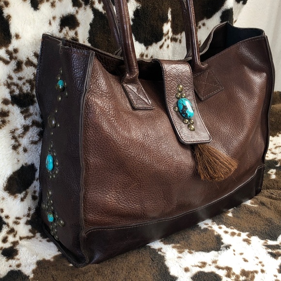 Big Two Bar West McFadin Leather Tote Bag Studded Turquoise Horse Hair Tassel - Picture 8 of 15